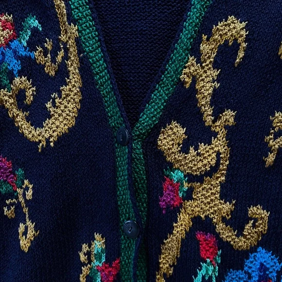 LIZ CLAIBORNE Vintage Women's Knit Cardigan Sweater Small Blue Floral Silk 80s - Picture 5 of 6